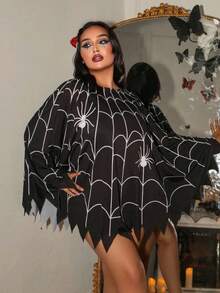 1pc Halloween Party Spider Web Print Cape, Black Asymmetrical Jagged Hem Oversized Batwing Sleeve Shrug, Gothic Spider Costume, Suitable For Various Festivals Halloween Party Cosplay - Black - View 8