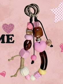 Acrylic Beaded Phone Lanyard, Oval Alien Design, Phone Chain, Vintage Korean Style, Phone Charm, Keychain, Bag & Earphone Pendant, Accessory - Pink Brown - View 1