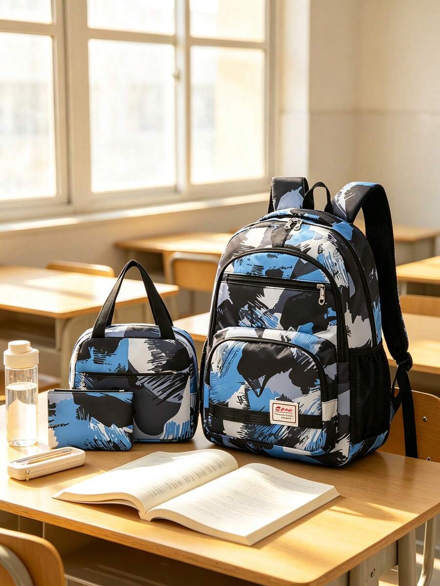 Set Of 3 Colorblock Mixed Fashion Backpacks, Large Capacity Zipper Minimalist Backpacks For Students, Suitable For Elementary, Middle, And High School Students, Fashion Casual Campus Backpacks, Boy's Travel Backpacks, Business Travel Vacation Outdoor Sports Boyfriend Gift, Back To School Essential
