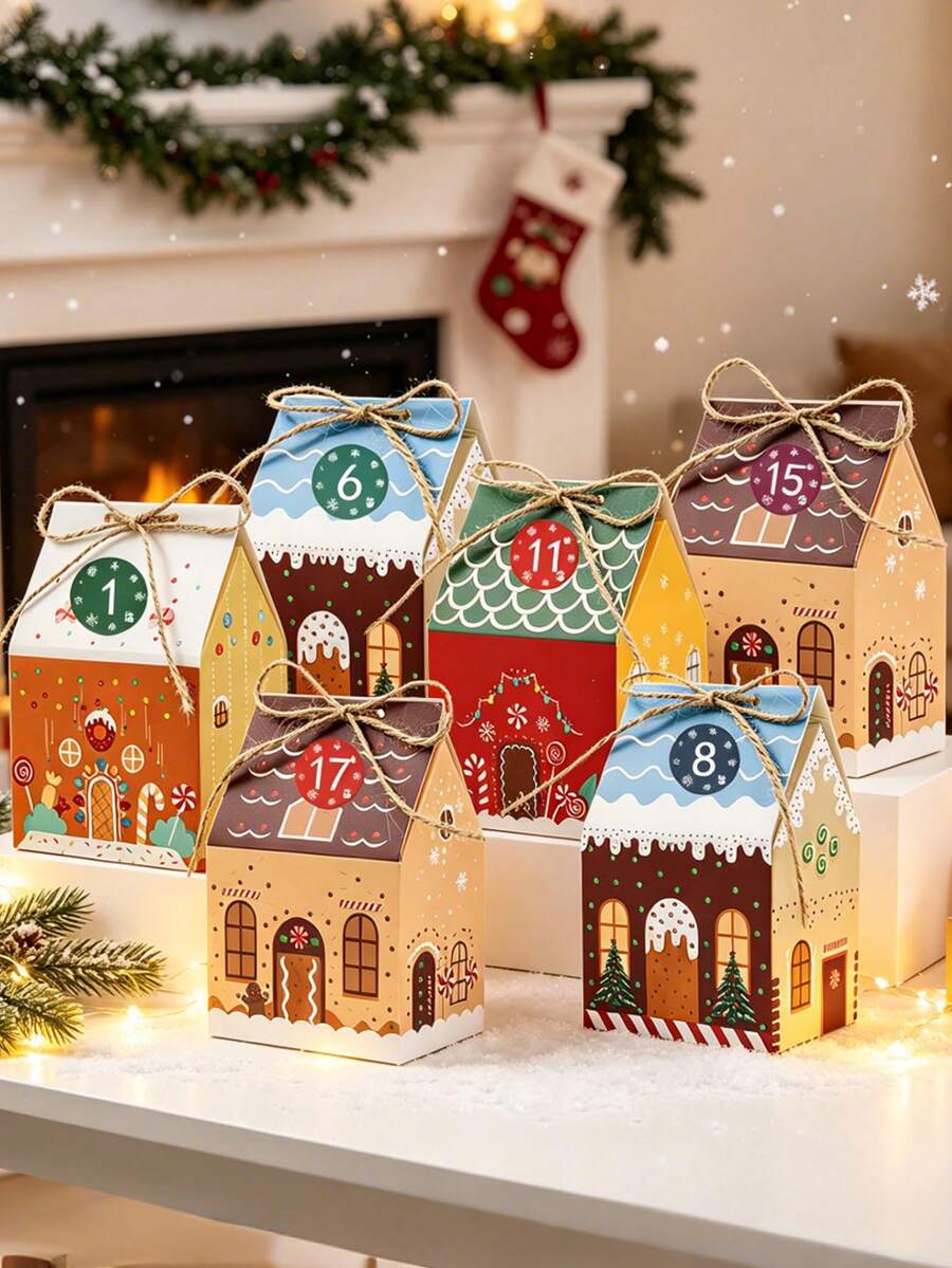 24pcs Christmas House Gift Boxes With Sticker Gingerbread House Christmas Tree Paper Gift Wrapping Boxes 24 Days Christmas Advent Calendar Box Treat Boxes For Winter Christmas Tree Decor Christmas Party Favor - Multicolor - View 1