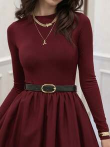 Women's Crew Neck Belted Long Dress - Burgundy - View 3