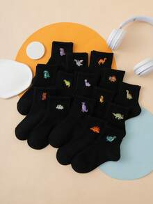 5/10 Pasang Kaos Kaki Anak-Anak Motif Dinosaurus Bordir Kartun Lucu, Kembali ke Sekolah, Pengiriman Acak - Hitam - View 3