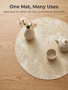 Tkvega • Home 12入金色葉片餐墊，PVC材質3D壓紋圓形奢華風隔熱墊，精美花瓶墊 38cm，可水洗、易清潔、可擦拭、防滑耐熱，適合房間裝飾、居家餐桌佈置、家居裝飾，適用於節日、派對、生日、婚禮與晚餐聚會 - 彩色 - 查看 6