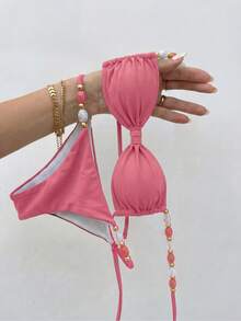 Bikinx Women's Halter Neck Back Tie Bikini Set, Bohemian Style Color Block Beaded Shoulder Straps, Suitable For Beach Vacation Summer - Watermelon Pink - View 7