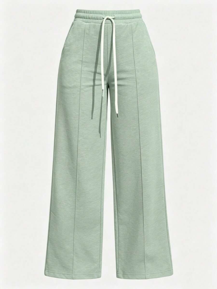 Pantalones de chándal negros de punto de pierna ancha para mujer con cintura ajustable, joggers largos para comodidad casual - Verde - Ver 1