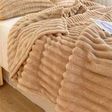 1pc Oversized Striped Blanket, Wide Stripe Cutout Faux Rabbit Fur, Milk Fleece, Flannel Throw Blanket, Casual Nap Blanket For Office - Khaki - View 4