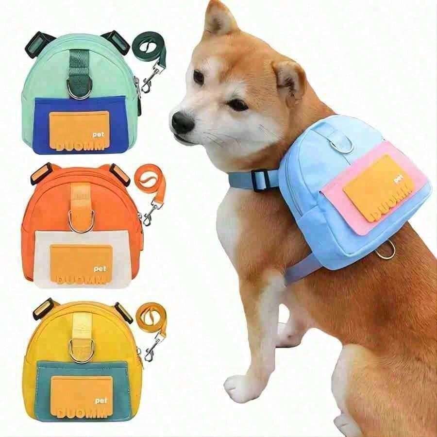 Adjustable Dog Harness Backpack Set With Leash And Poop Bags, Cute Snack Storage Vest, Suitable For Small/Medium Pets, Hiking And Daily Walks - Multicolor - View 1