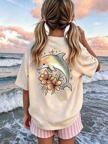 Women's Cream Loose Oversized T-Shirt, Gradient Macaron Color Dolphin, Hibiscus, Star Back Print, Short Sleeve Crew Neck, Soft Summer Beach Vacation Top - Apricot - View 2