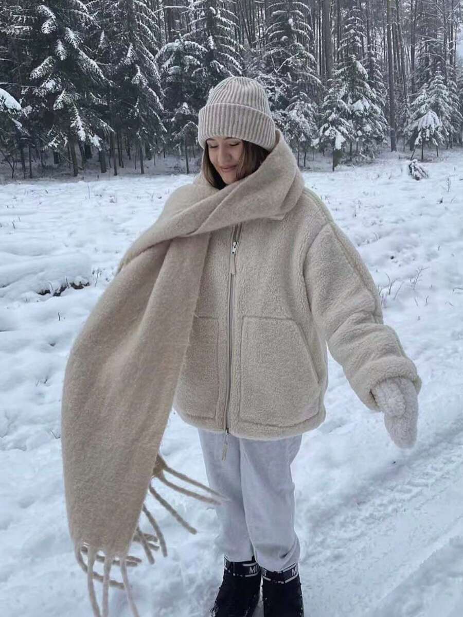 1 Solid Color Scarf, Keeps Neck Warm In Winter, Thickened Wool Knitted Tassel Shawl, Can Be Worn With Dresses - Khaki - View 1