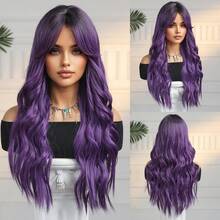 24 Inch Long Body Wave Purple Wig With Curtain Bangs, Heat Resistant Synthetic Wig Dark Black Root Violet Loose Curly Wigs For Women, Natural Looking Fashion Wig For Daily Party Cosplay - Multicolor - View 10