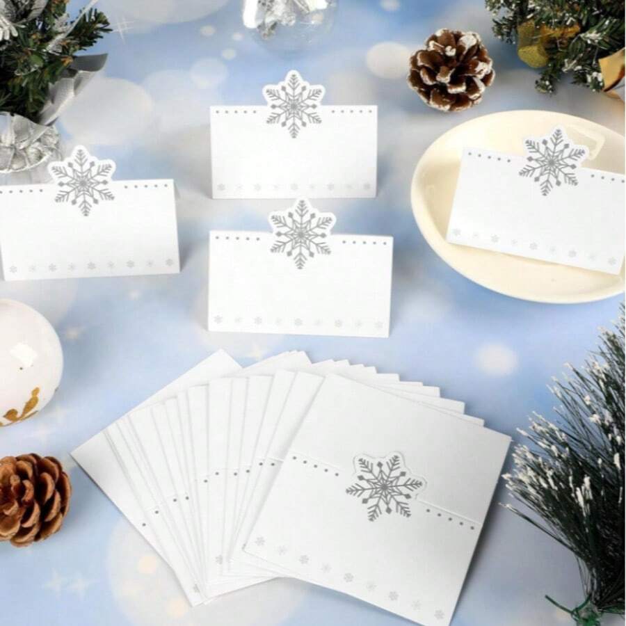 Tarjetas de mesa con copos de nieve navideños, tarjetas de lugar plegables estilo tienda, decoración para cena de invierno, boda, fiesta y reunión - Multicolor - Ver 1