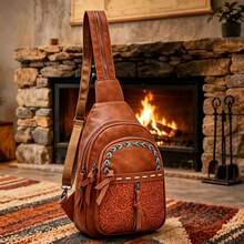 1pc Bohemian Western Style Small Chest Bag, Tassel Bow Zipper Design Multi Layer Pocket Shoulder Bag For Camping Shopping - Brown - View 2