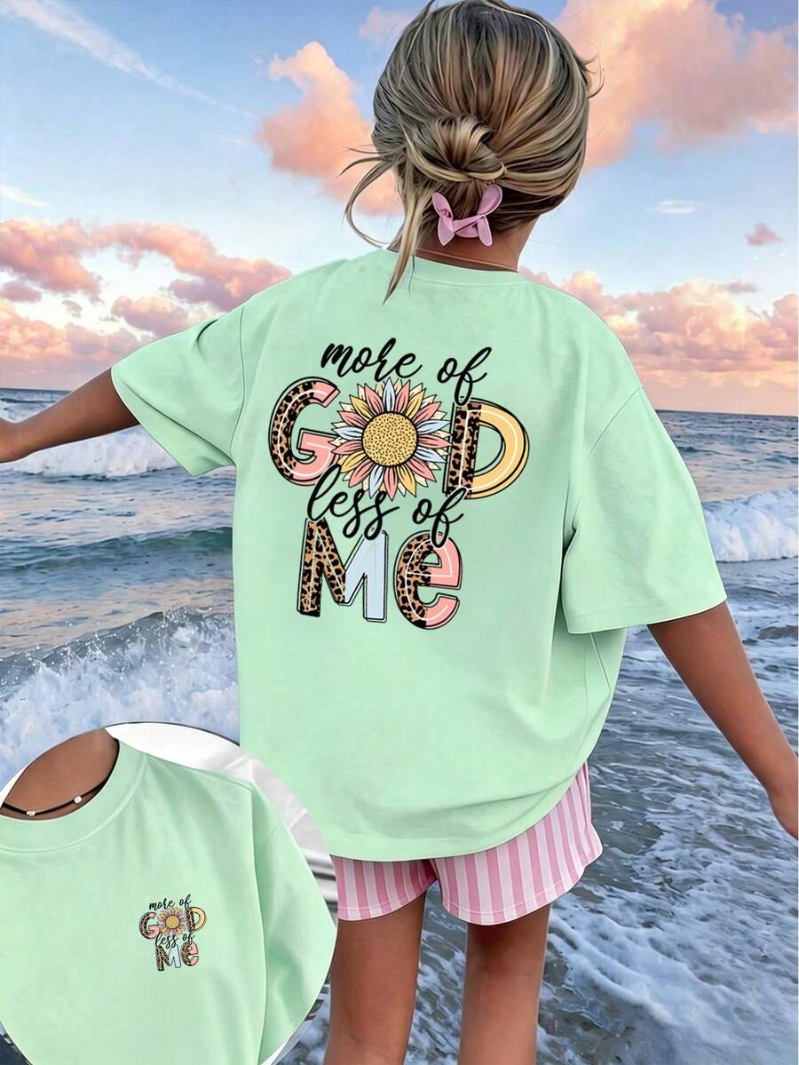 Faith Christian 太陽花豹紋字母背印寬鬆大尺寸 T-shirt,青少年女孩休閒落肩短袖夏季宗教上衣 - 薄荷綠 - 查看 1