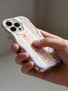 Cream Dopamine Wave Ruffle Soft TPU Texture, Creative Personalized Dopamine Rainbow Stripe Pattern, DIY Bow Knot Wrist Strap Phone Case Compatible With Galaxy S21 S22 S23 S24 S25 S26/Honor/ And Other Models - Clear - View 4