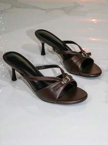 Sandálias de Salto Alto Vintage Marrom Café com Bico Redondo para Mulheres, Decoração com Fivela de Tira Fina, Design de Bico Aberto, Chinelos de Salto Alto, Sapatos Mule com Salto Trompete e Salto Gatinho, Adequados para Encontros Elegantes Diários e Uso no Escritório - Café - Visão 2