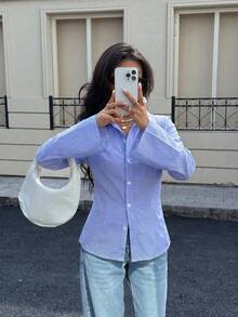 Women's Spring/Autumn American Hot Girl Style Commuter Collared Waist-Cinching Flare Long Sleeve Blue & White Striped Shirt, Suitable For Casual Commuting, Shopping, Dating, City Outings, Afternoon Tea, Store Visits, Daily Wear - Blue - View 5