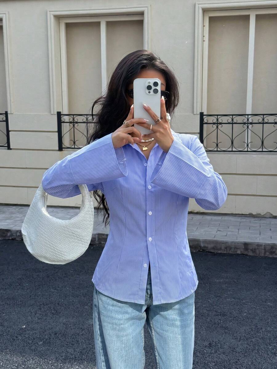 Women's Spring/Autumn American Hot Girl Style Commuter Collared Waist-Cinching Flare Long Sleeve Blue & White Striped Shirt, Suitable For Casual Commuting, Shopping, Dating, City Outings, Afternoon Tea, Store Visits, Daily Wear - Blue - View 1