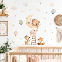 Forest Animal Wall Decals, Bear, Rabbit, Deer, Fox, Moon, Star, Cloud, Balloon Nursery Wall Stickers, Watercolor Bohemian Neutral Baby Room Decor, Newborn Baby Shower, Housewarming Gift, Suitable For Children's Bedroom - Forest Animal Wall Stickers - View 5