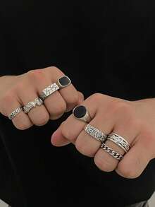 8pcs Vintage Antique Silver Black Stone Stackable Rings Set For Men, Gothic Carved Chain Twist Band Rings, Hip Hop Punk Style Cool Men's Jewelry Gift - White K - View 4