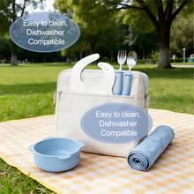 Silicone Baby Feeding Set 5pc, Anti-Choke Spoon & Fork, Waterproof Bib, Easy-Clean, 6M+, New Mom Gift - Blue - View 4
