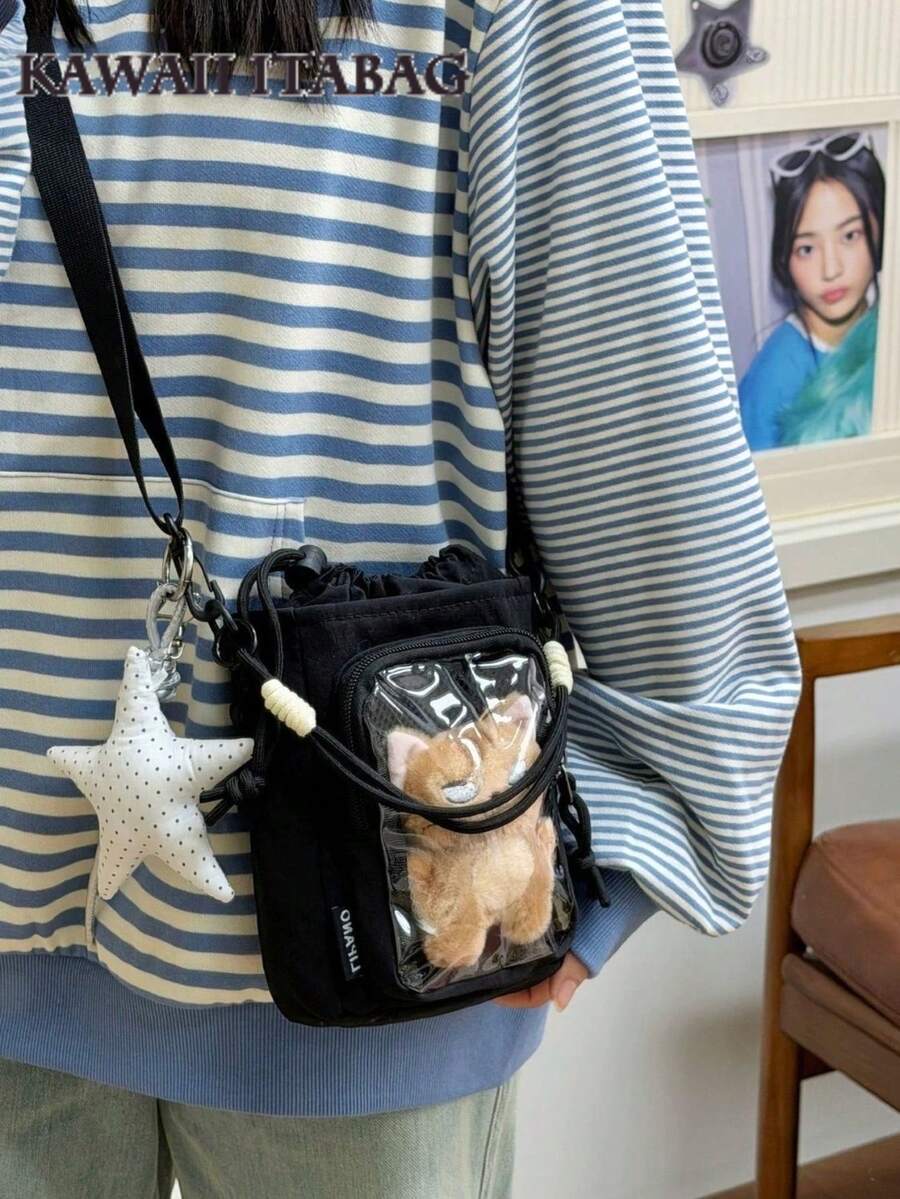 Tas Ita Mini Kawaii dengan Penutup Tali Serut, Bagian Depan Transparan, Tas Botol Air dengan Panel Sisipan, Pegangan yang Dapat Dilepas, Tas Selempang Kecil, Tas Tangan Lucu, Tas Jinjing - Hitam - View 1