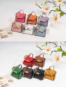 CHARM INFINITE Cute Mini Flip Cover Keychain Pendant, Litchi Grain Faux Leather Twist Lock Design Micro Crossbody Bag, Scarf Decor Portable Earphone Lipstick Jewelry Storage Bag, Women's Backpack Car Key Decorative Charm, Daily Birthday Holiday Gift, Multiple Solid Colors Available - Multicolor - View 3