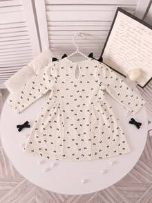 Girls' Casual Bowknot Print Long Sleeve Dress, Spring/Autumn - Apricot - View 2