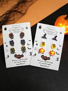 12pcs Halloween Element Wooden Stud Earrings Set, Suitable For Women's Daily Wear, Holiday Party Gathering, Halloween Holiday Gift - Multicolor - View 7