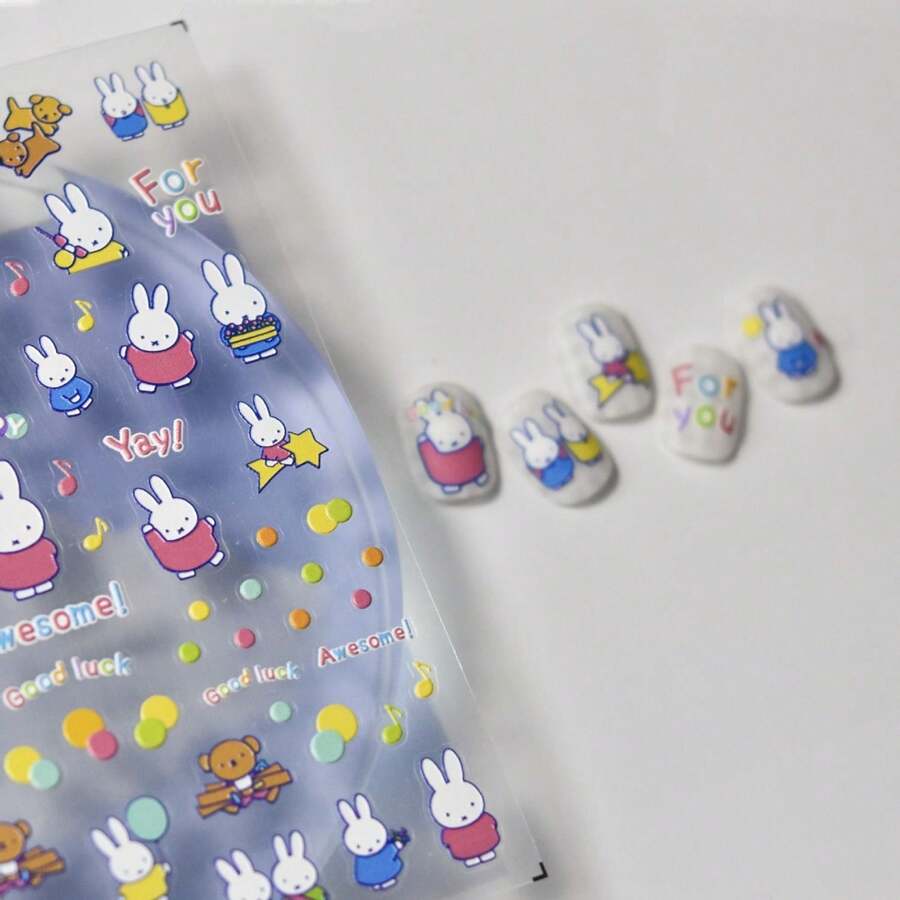 1pc Popular Cute Cartoon Miffy Rabbit Embossed Nail Stickers, Japanese Style Adorable Rabbit 3D Self-Adhesive Nail Decor, Perfect Choice For New Semester Gift And Stationery (Random Style) - Multicolor - View 1