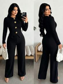 Solid Color Elegant Metal Button Long Sleeve Thin Women's T-Shirt And Straight Leg Pants - Black - View 2