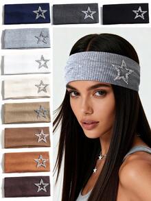 1pc Women's Rhinestone Pentagram Ribbed Solid Color Casual Outdoor Headband, Fashionable Versatile Daily Street Hair Accessory - Multicolor - View 7