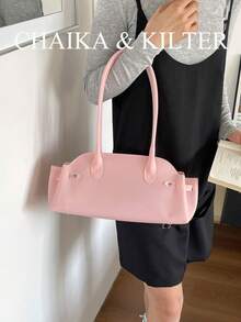 CHAIKA & KILTER 1pc Solid Color PVC Fabric Women's Fashion Shoulder Bowling Bag Jelly Bag With Dual Handle Design And Zipper Closure, Suitable For Daily And Street Use - Pink - View 8