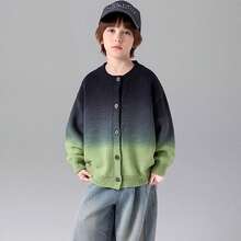 Kids Knit Cardigan Sweater Gradient Green Boys Autumn Casual Versatile Outerwear Top - Green - View 1