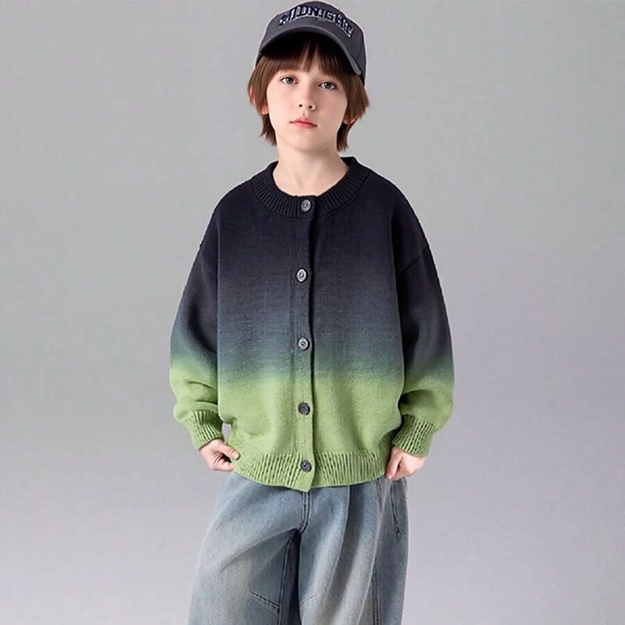 Kids Knit Cardigan Sweater Gradient Green Boys Autumn Casual Versatile Outerwear Top - Green - View 1