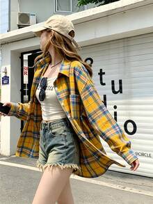 YUXIN American Vintage Niche Design Long Sleeve Plaid Shirt For Women / Spring & Autumn New Loose Casual Commuter Blouse / Suitable For All Seasons - Orange - View 11