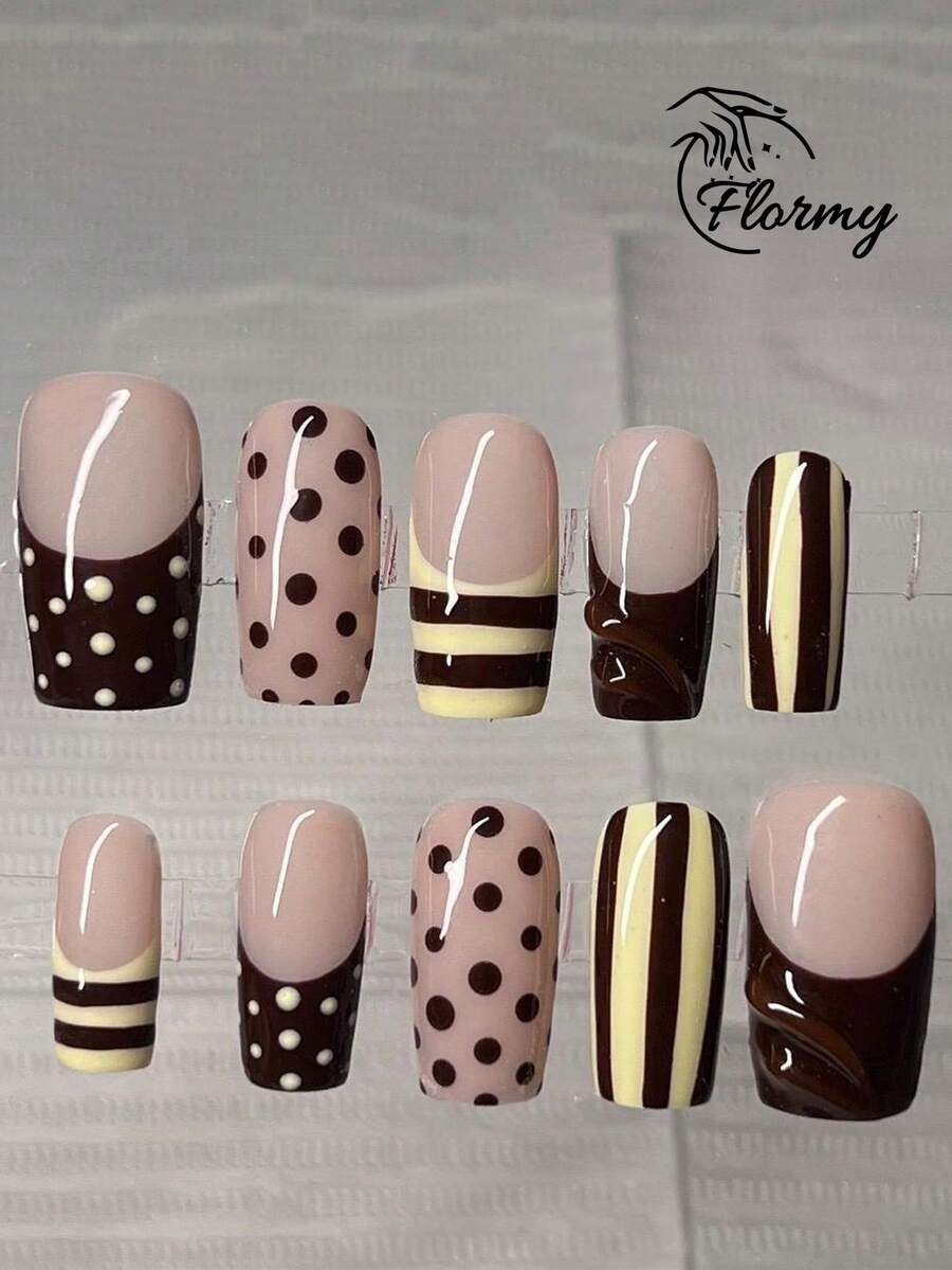 Handmade Medium Coffin Shape Press-On Nails, Vintage Bee Aesthetic, Nude Base With Cream Yellow, Burgundy And Polka Dot Details, Hand-Painted Stripes, 3D Burgundy Swirls And Dual-Tone French Design, Glossy Salon Gel Texture, Reusable - Baby Pink - View 1