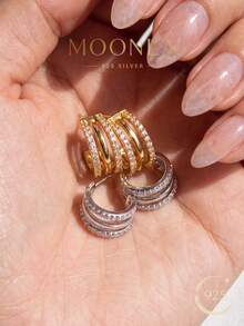 1 Pair Exquisite Zirconia Triple Layer Earrings, 925 Sterling Silver Material, Suitable For Daily Wear, Versatile For Various Outfits, Also Perfect Decoration For Dates And Parties. - Style 1 - View 6