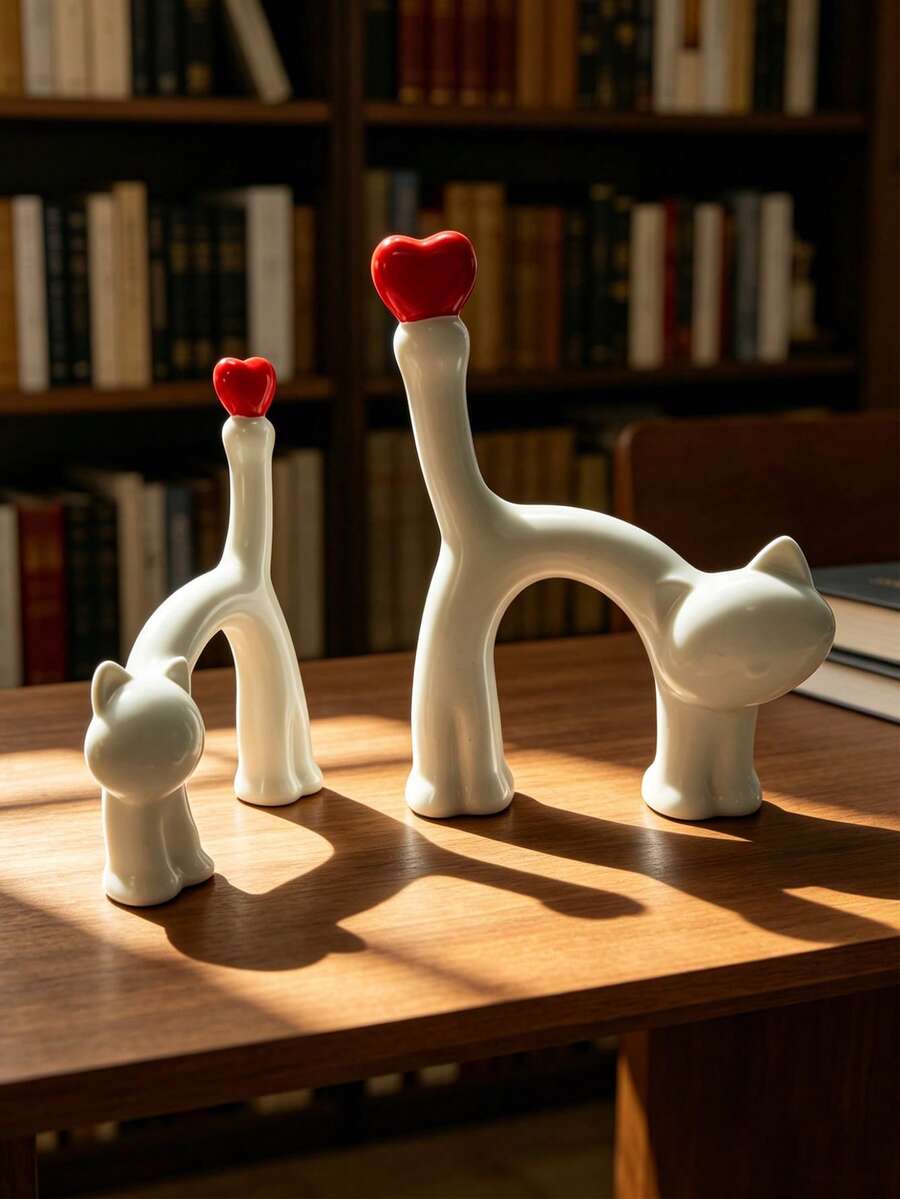 1Pc Minimalist Cat-Shaped Tabletop Ornament – Abstract Art Figurine, Home Decor, Warm Gift For Cat Lovers. - New Style - White + Black Combination - View 1