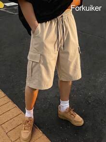 Men's Cargo Shorts, Elastic Drawstring Waist, Multi-Pocket Loose Casual Streetwear Shorts - Khaki - View 2