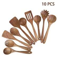 10pcs Wooden Kitchen Utensils Kit,Smooth Finish Teak Wooden Kitchen Utensils Set,Non-Stick, Lightweight Kitchen Supplies Baking Accessories For Cooking - Maroon - View 18