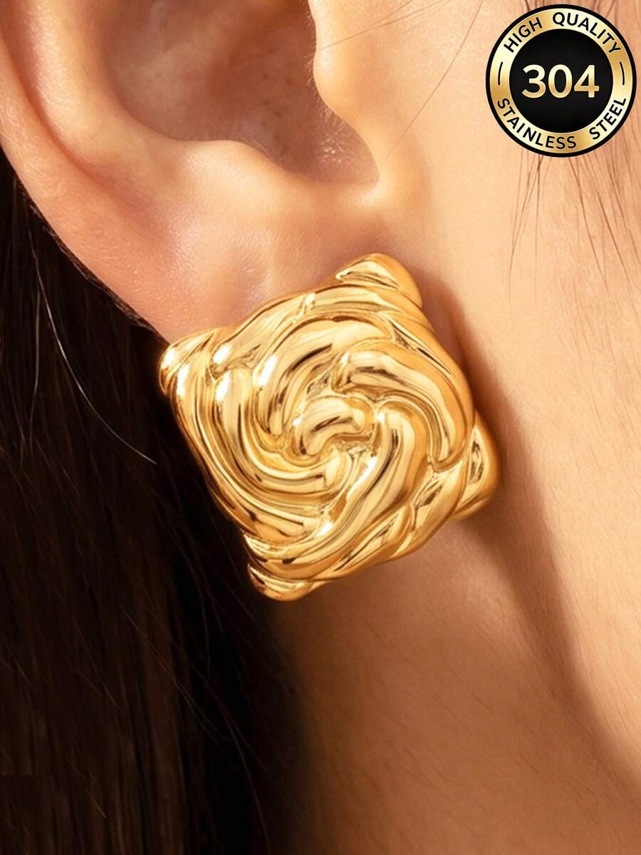 1 Pair Women's Twisted Square Gold Stud Earrings, Low-Allergy Stainless Steel Textured Swirl Earrings Fashion Jewelry Gift, Halloween - Multiple Styles - View 1