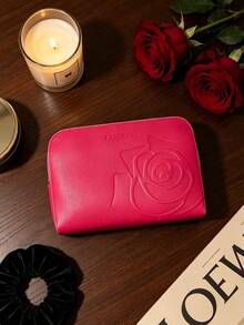Lancôme Bright Fuchsia PU Makeup Bag LANCOME-GIFT-26 Embossed Large Rose Pattern Full Zip Large Capacity Travel Toiletry Bag Women's Gift Set - Hot Pink - View 1
