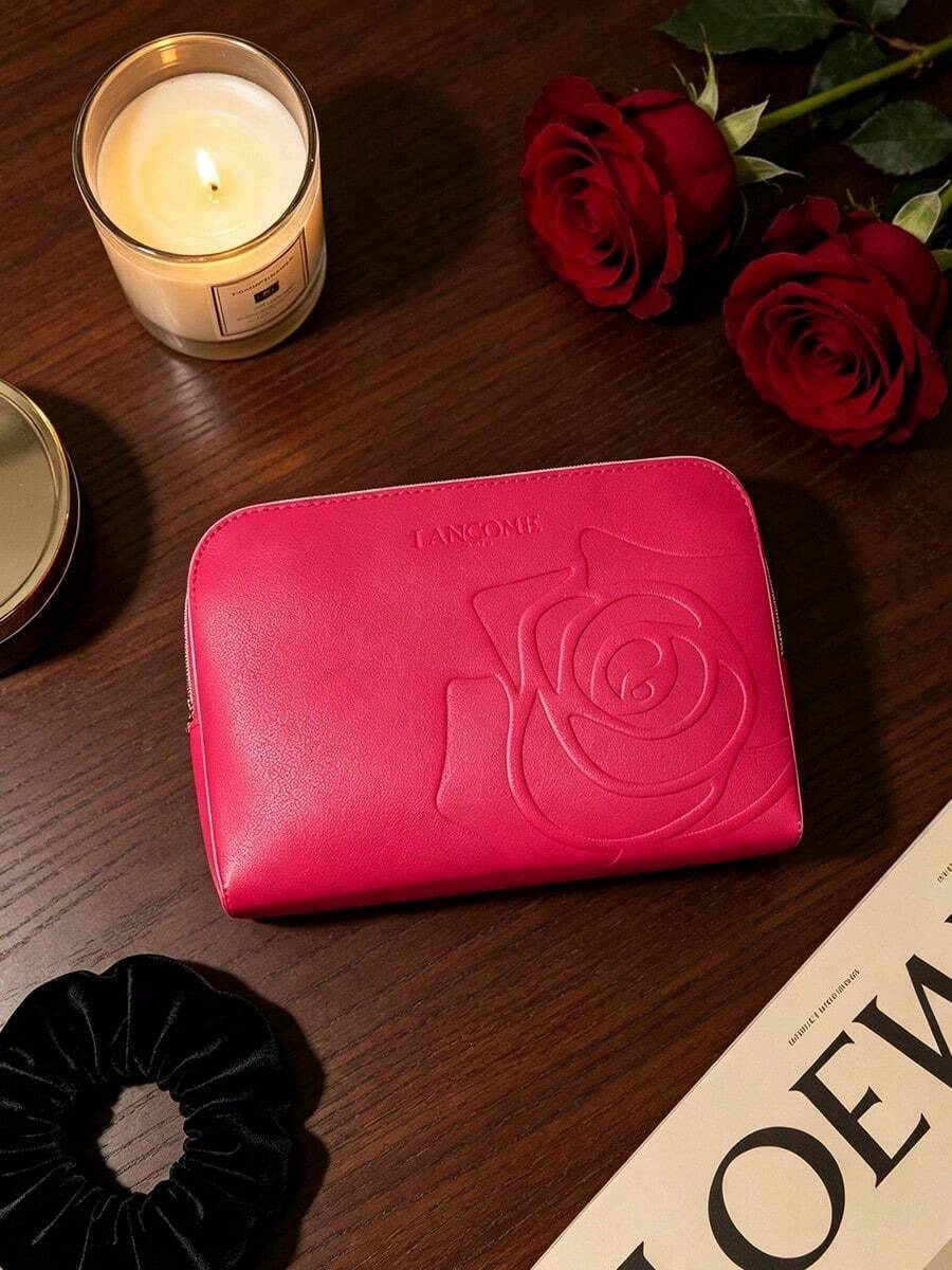 Lancôme Bright Fuchsia PU Makeup Bag LANCOME-GIFT-26 Embossed Large Rose Pattern Full Zip Large Capacity Travel Toiletry Bag Women's Gift Set - Hot Pink - View 1