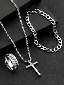 4-Piece Fashion Business Casual Men's Watch Set, Large Dial Round Steel Band Quartz Watch, Paired With Personalized Chain Bracelet, Cross Pendant Necklace And Ring. Complete Accessory Set, Perfect Gift Choice For Holidays, Business Occasions, Parties And Daily Wear - Silver - View 3