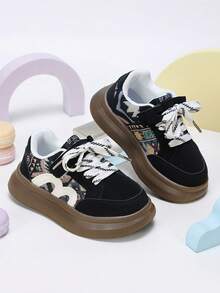 1 Pair Kids Black Fabric Patchwork Hook & Loop Lace-Up 2-Way Wear Sneakers, Suitable For Outdoor Sports And Vacation - Black - View 3