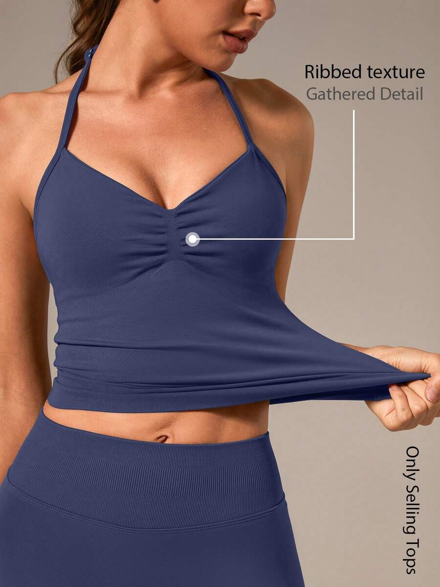 NcmRyu Top deportivo de mujer de una pieza, color liso, cuello halter, tirantes de espagueti ajustables, escote en V, fruncido y espalda descubierta - Azul Marino - Ver 1