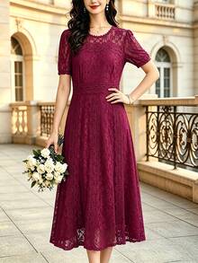 Women's Plus Size Lace Patchwork Midi Dress, Round Neck Short Sleeve Burgundy Party Dress, Wedding Guest Outfit Vacation Fall - Red Violet - View 3