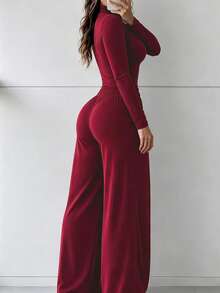Autumn Women's Solid Color Minimalist Casual Set: Crew Neck Long Sleeve Top And Straight Leg Elastic Waist Pants (2 Pieces Set) - Burgundy - View 2