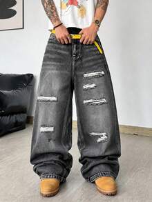 American Hip Hop Charcoal Black Washed Wide Leg Jeans, Distressed Ripped Loose Stacked Drape Floor Length Men's Pants - Black - View 1