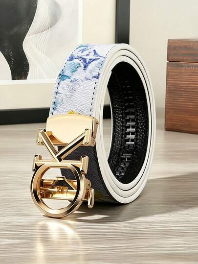 47 Inch Men's PU Faux Leather Belt, Automatic Buckle Artistic Watercolor Print Belt, Casual Business Versatile Commuter Pants Belt